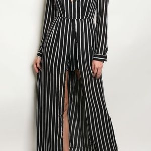 Long sleeve plunging neckline striped jumpsuit